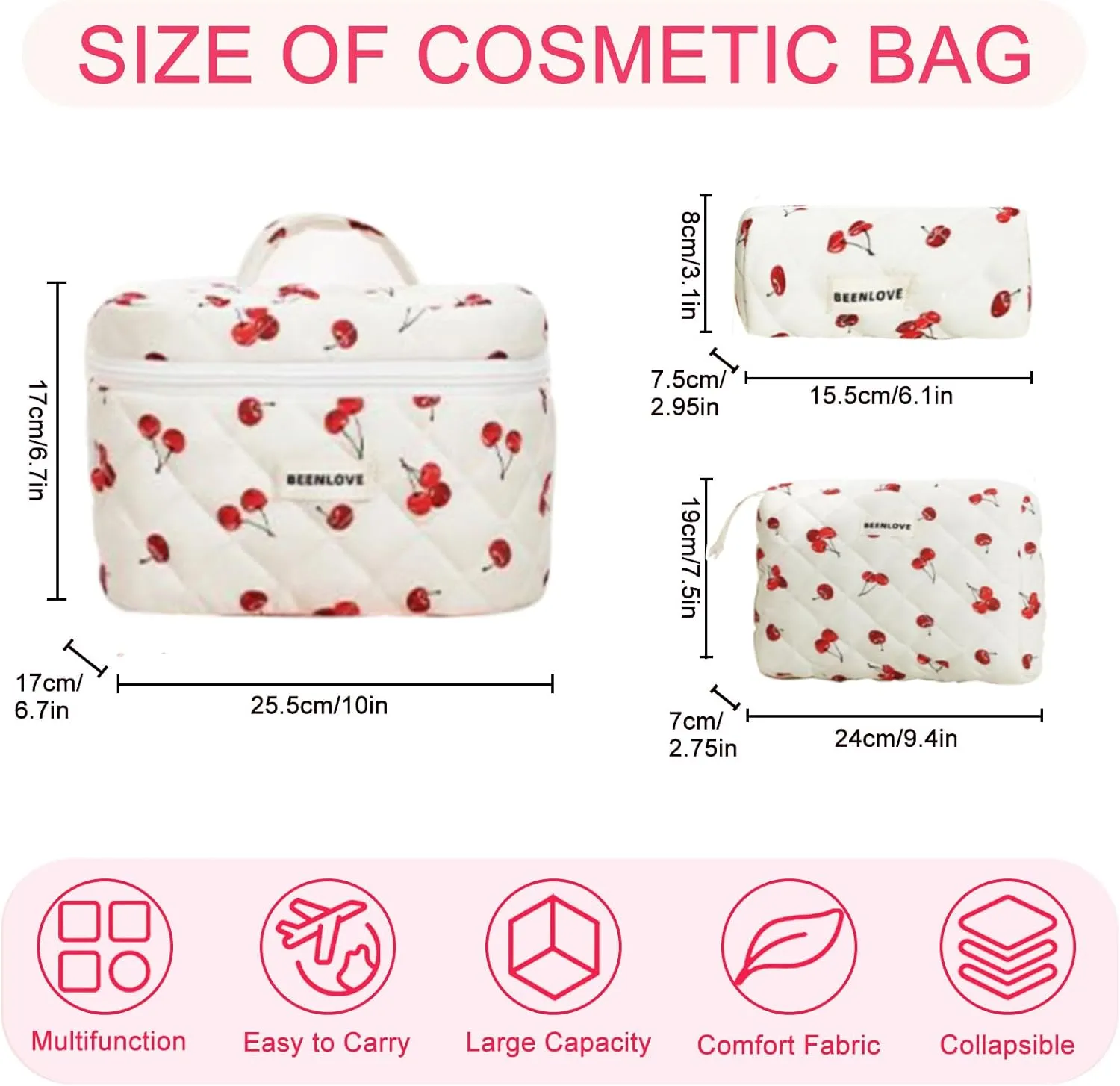 Makeup Bag Set, Large Travel Cosmetic Bags for Women, 3pcs Cute Floral Makeup Bags, Cotton Quilted Toiletry Organizer Bag, Women's Emergency Bag (Red)