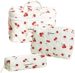 Makeup Bag Set, Large Travel Cosmetic Bags for Women, 3pcs Cute Floral Makeup Bags, Cotton Quilted Toiletry Organizer Bag, Women's Emergency Bag (Red)