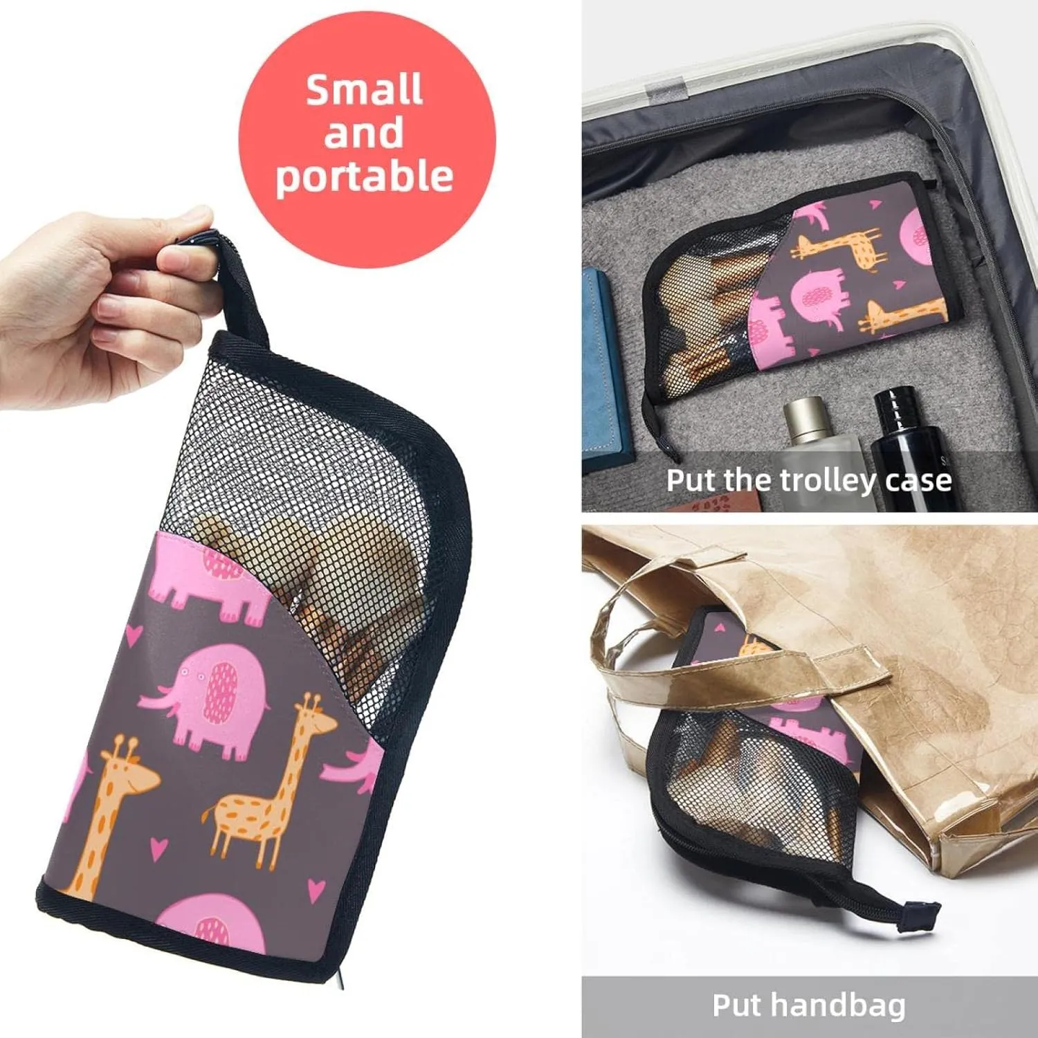 Makeup Brush Organizer Bag, Portable Travel Cosmetic Brush Case with 12 Makeup Brushes, Cute Girafe Elephant Hearts Pink Foldable Makeup Cup for brushes, Eyebrow Pencil