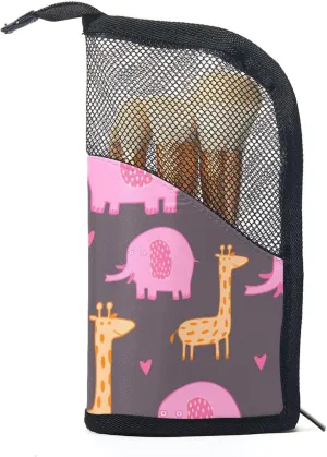 Makeup Brush Organizer Bag, Portable Travel Cosmetic Brush Case with 12 Makeup Brushes, Cute Girafe Elephant Hearts Pink Foldable Makeup Cup for brushes, Eyebrow Pencil