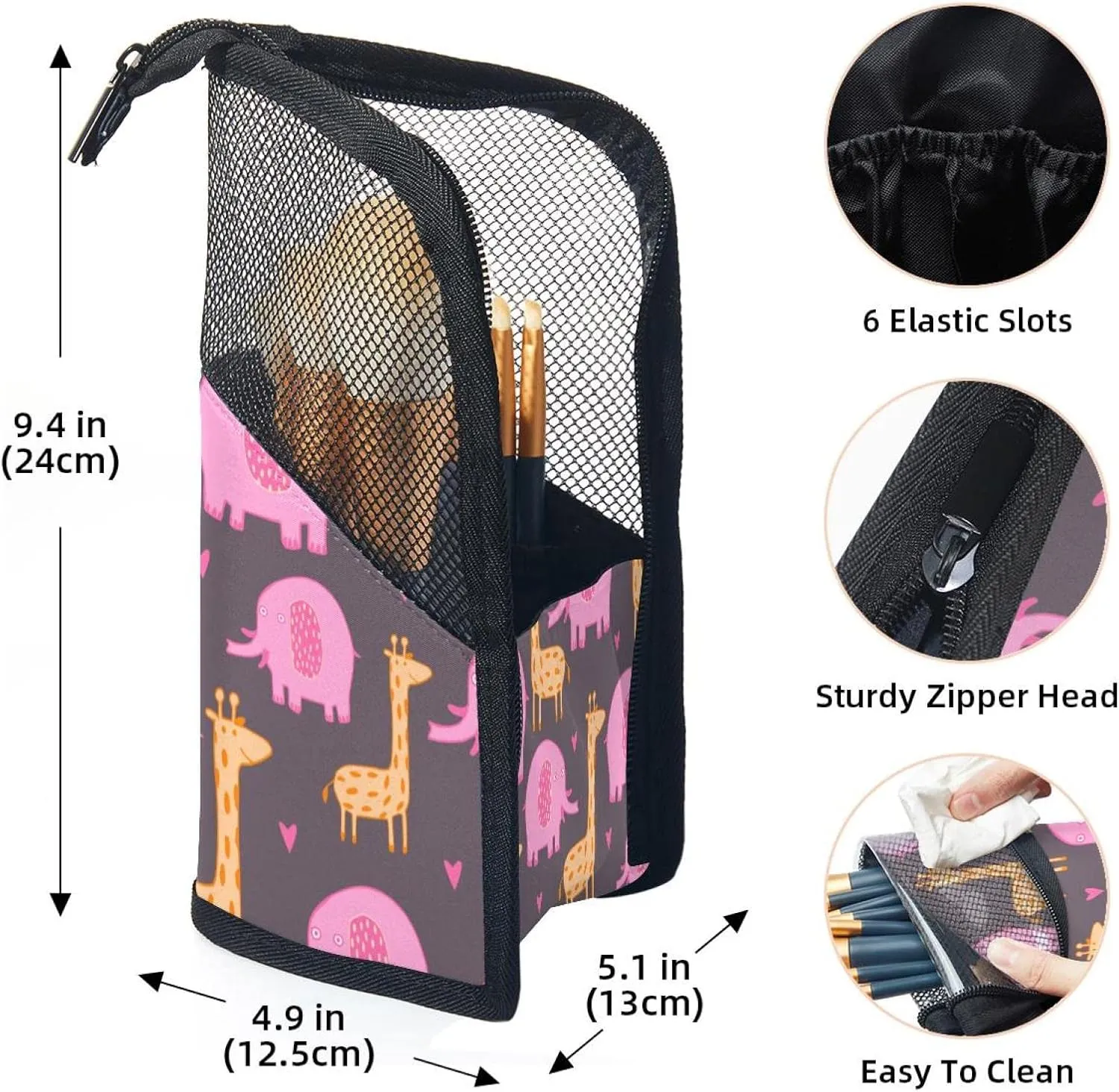 Makeup Brush Organizer Bag, Portable Travel Cosmetic Brush Case with 12 Makeup Brushes, Cute Girafe Elephant Hearts Pink Foldable Makeup Cup for brushes, Eyebrow Pencil