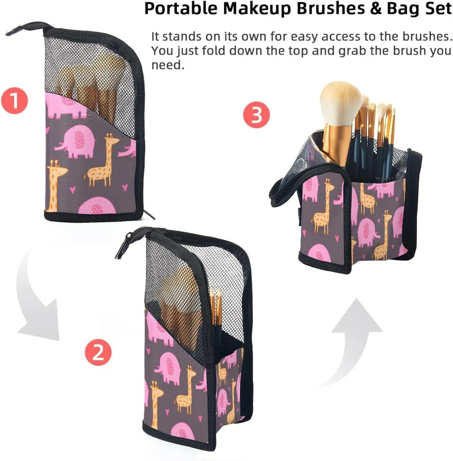 Makeup Brush Organizer Bag, Portable Travel Cosmetic Brush Case with 12 Makeup Brushes, Cute Girafe Elephant Hearts Pink Foldable Makeup Cup for brushes, Eyebrow Pencil