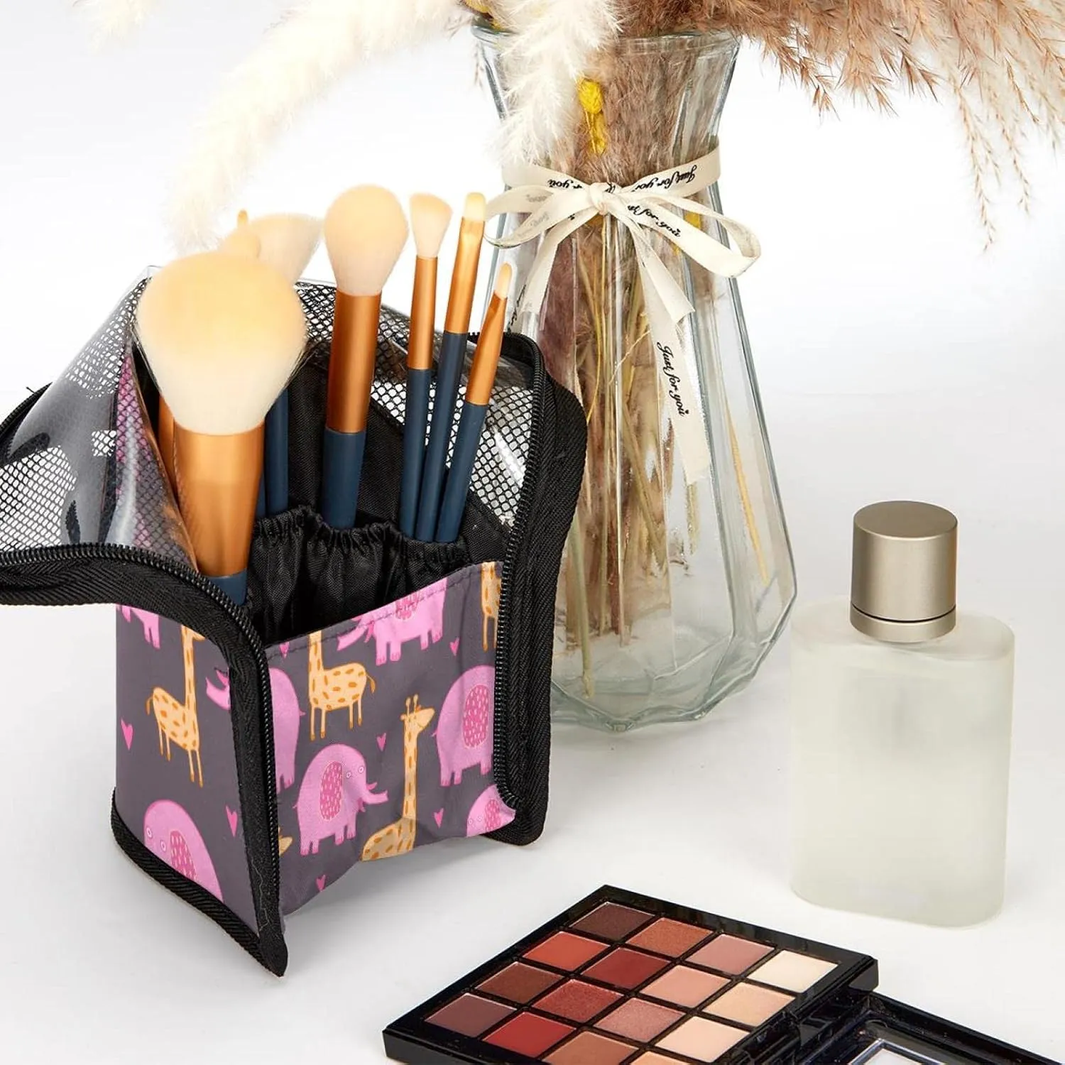 Makeup Brush Organizer Bag, Portable Travel Cosmetic Brush Case with 12 Makeup Brushes, Cute Girafe Elephant Hearts Pink Foldable Makeup Cup for brushes, Eyebrow Pencil
