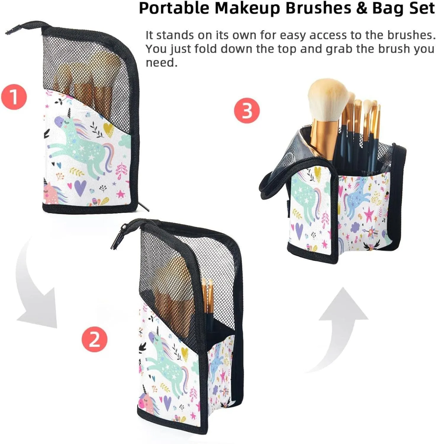 Makeup Brush Organizer Bag, Portable Travel Cosmetic Brush Case with 12 Makeup Brushes, Kawaii Unicorn World Rainbow Floral Heart Foldable Makeup Cup for brushes, Eyebrow Pencil