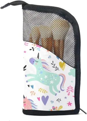 Makeup Brush Organizer Bag, Portable Travel Cosmetic Brush Case with 12 Makeup Brushes, Kawaii Unicorn World Rainbow Floral Heart Foldable Makeup Cup for brushes, Eyebrow Pencil