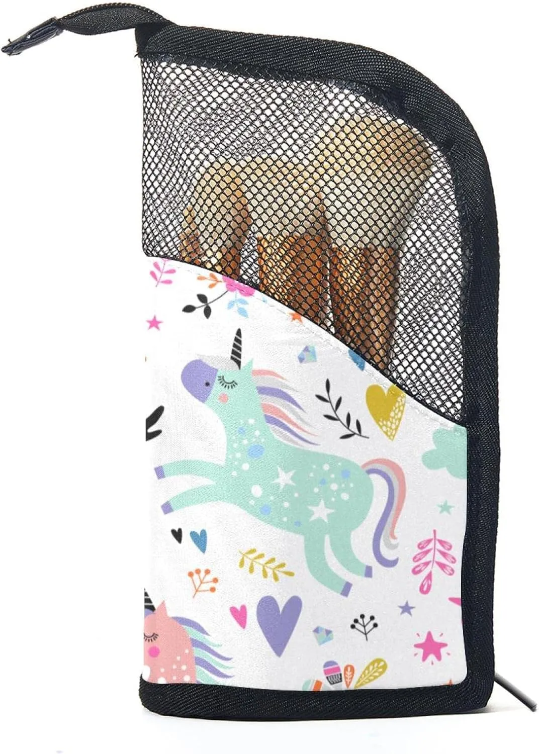 Makeup Brush Organizer Bag, Portable Travel Cosmetic Brush Case with 12 Makeup Brushes, Kawaii Unicorn World Rainbow Floral Heart Foldable Makeup Cup for brushes, Eyebrow Pencil