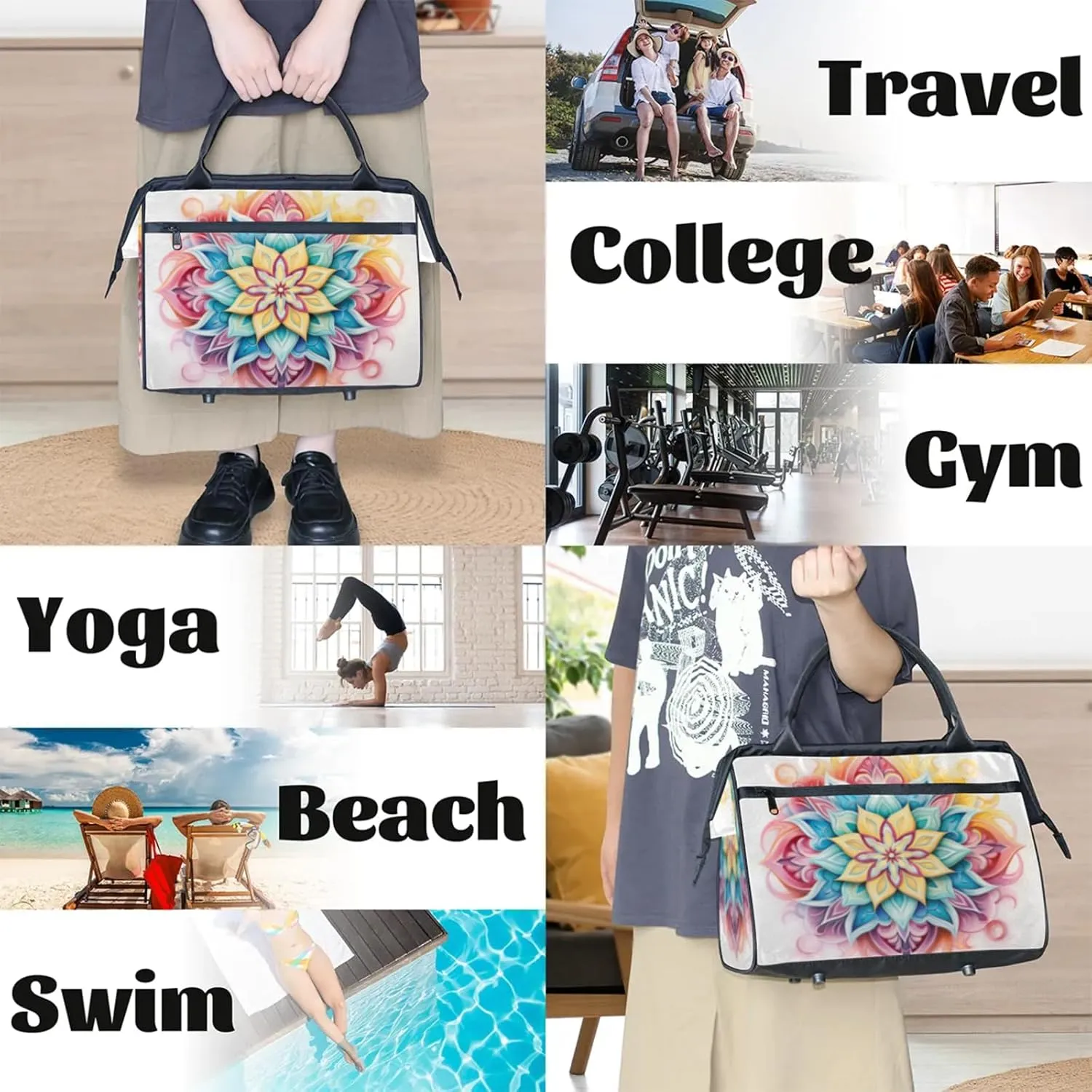 Mandala Cartoon Gym Bag for Women Men Travel Sports Duffel Bag with Trolley Sleeve Waterproof Sports Gym Bag Weekender Overnight Bag Carry On Tote Bag for Travel Gym Sport