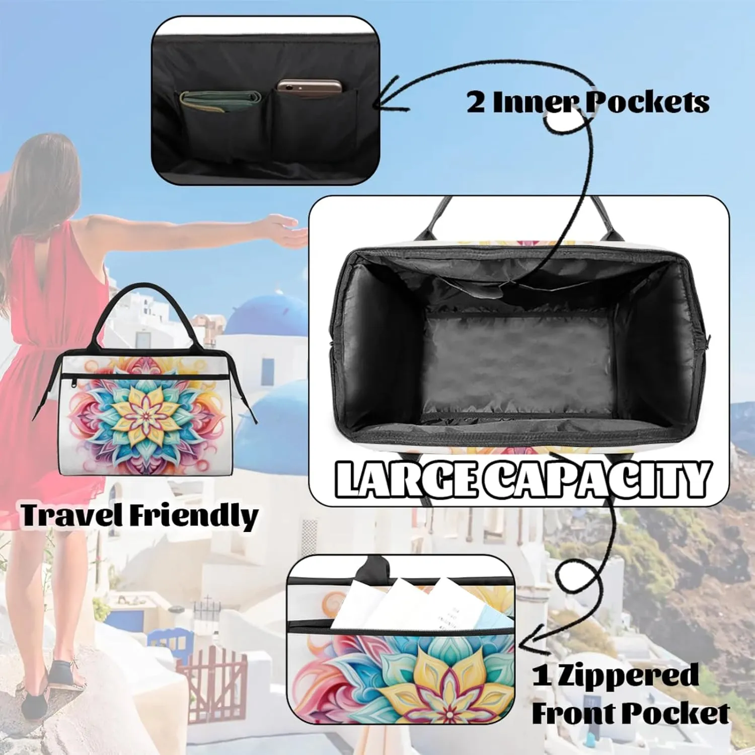 Mandala Cartoon Gym Bag for Women Men Travel Sports Duffel Bag with Trolley Sleeve Waterproof Sports Gym Bag Weekender Overnight Bag Carry On Tote Bag for Travel Gym Sport