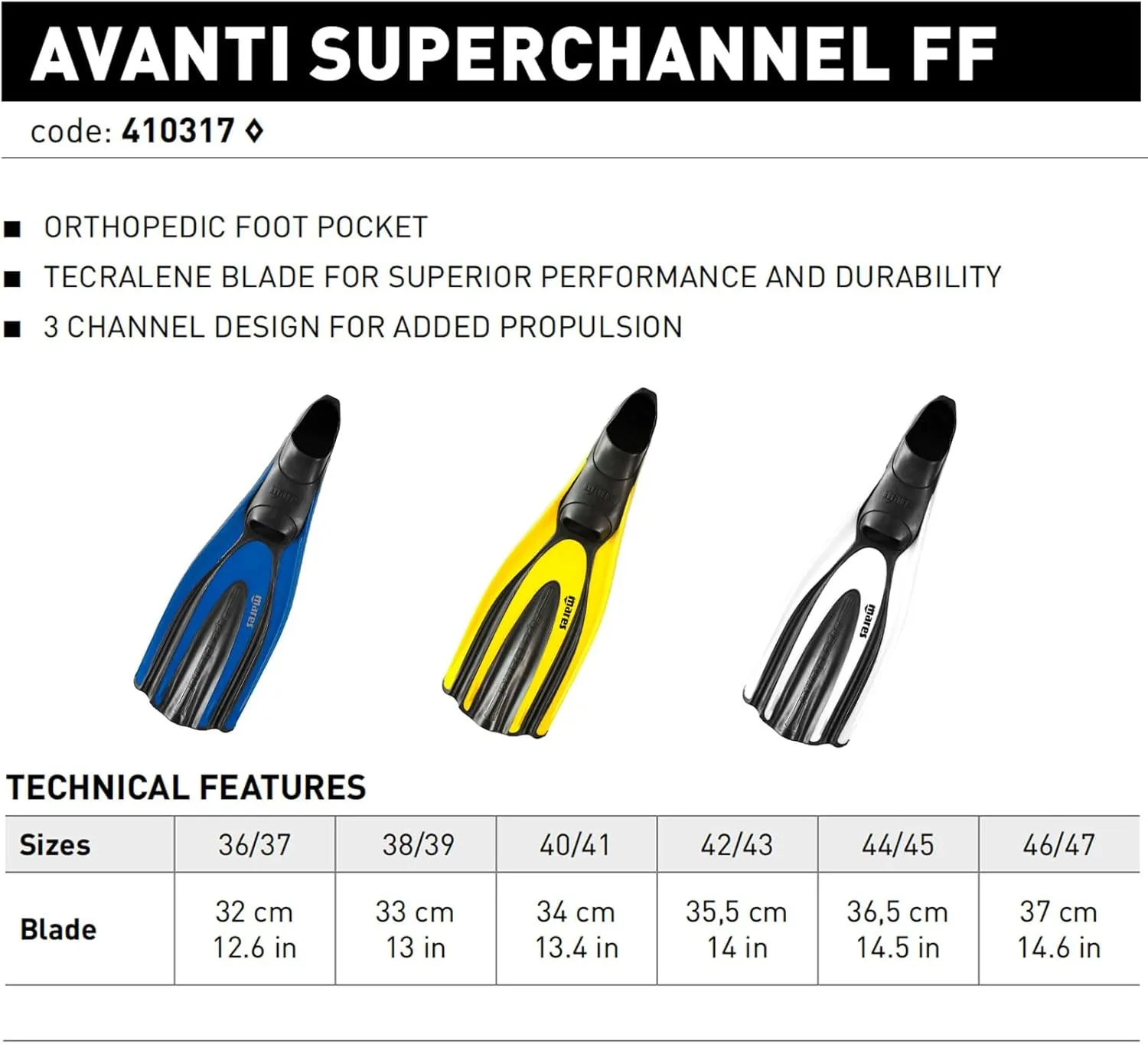 Mares Unisex Adults Avanti Superchannel FF Diving Fins - Compact Durable Flippers with Closed Orthopedic Foot Pocket for Snorkelling & Recreational Diving