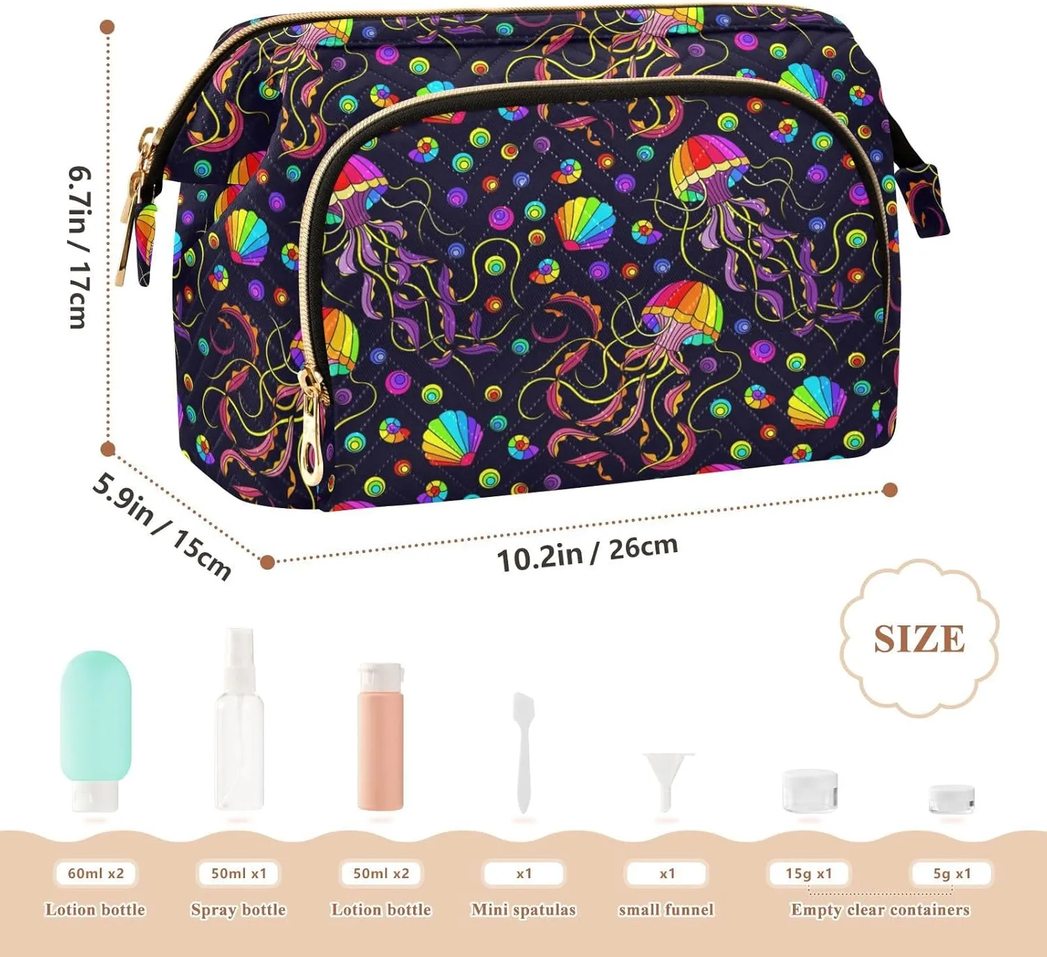 Marine Theme Bright Rainbow Jellyfishes and Shells on Dark Women Cosmetic Bag Makeup Bag Stylish Trip Beauty Bag Travel Toiletry Bag with Bottle Organizer 10.2 x 5.9 x 6.7 inch