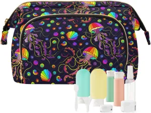 Marine Theme Bright Rainbow Jellyfishes and Shells on Dark Women Cosmetic Bag Makeup Bag Stylish Trip Beauty Bag Travel Toiletry Bag with Bottle Organizer 10.2 x 5.9 x 6.7 inch