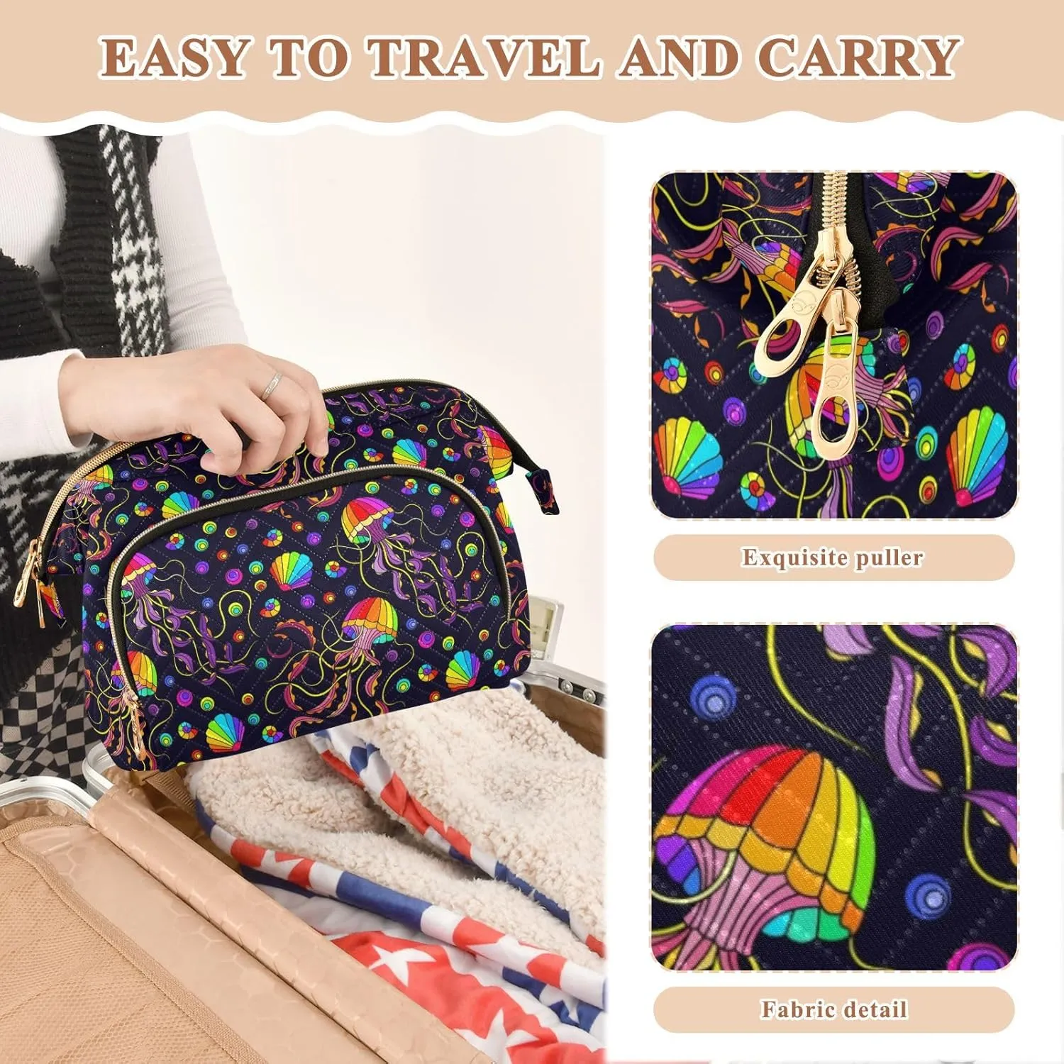 Marine Theme Bright Rainbow Jellyfishes and Shells on Dark Women Cosmetic Bag Makeup Bag Stylish Trip Beauty Bag Travel Toiletry Bag with Bottle Organizer 10.2 x 5.9 x 6.7 inch