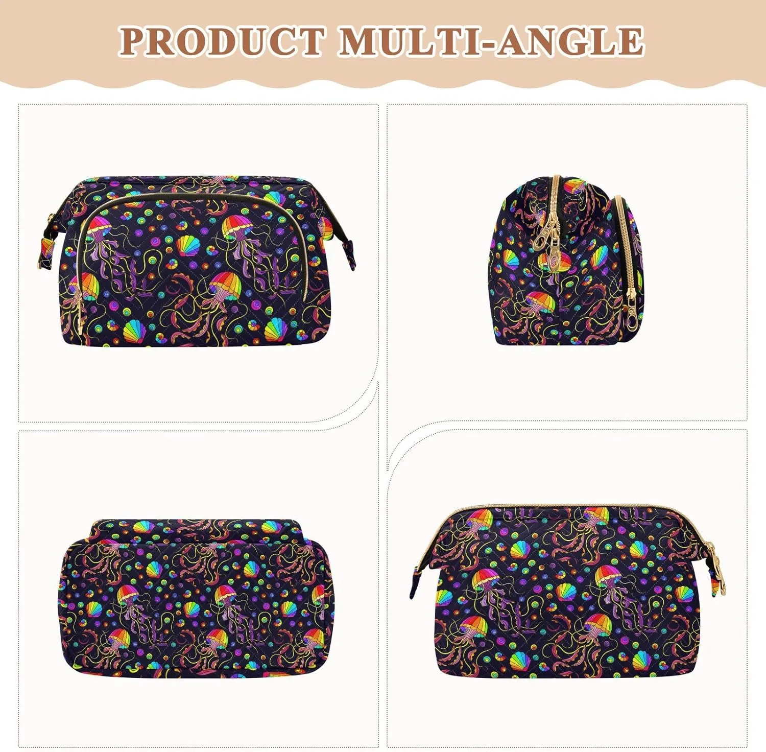 Marine Theme Bright Rainbow Jellyfishes and Shells on Dark Women Cosmetic Bag Makeup Bag Stylish Trip Beauty Bag Travel Toiletry Bag with Bottle Organizer 10.2 x 5.9 x 6.7 inch