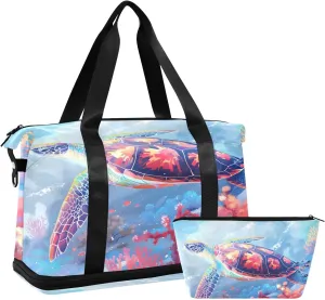 Marine Turtle Coral Innovative Page Design Travel Duffel Bag Waterproof Gym Sport Tote Bag Carry On Weekender Bag with Compartment