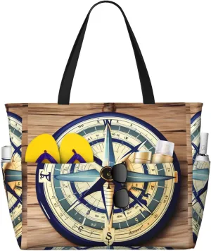 Maritime Sailboat Compass Print Tote Bag Travel Companion For Beach Vacation Picnic & Daily Sporting Activities