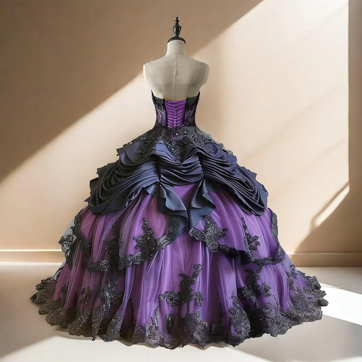 Mauuwy Gothic Black Quinceanera Dresses Puffy Beaded Tiered Sweet 16 Dresses Vintage Victorian's Wedding Dress for Bride