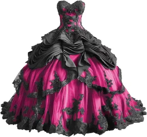 Mauuwy Gothic Black Quinceanera Dresses Puffy Beaded Tiered Sweet 16 Dresses Vintage Victorian's Wedding Dress for Bride