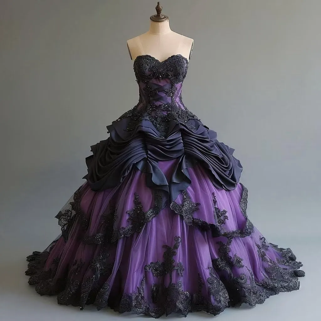 Mauuwy Gothic Black Quinceanera Dresses Puffy Beaded Tiered Sweet 16 Dresses Vintage Victorian's Wedding Dress for Bride