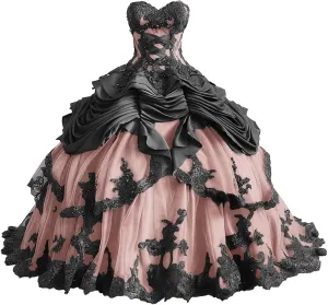 Mauuwy Gothic Black Quinceanera Dresses Puffy Beaded Tiered Sweet 16 Dresses Vintage Victorian's Wedding Dress for Bride