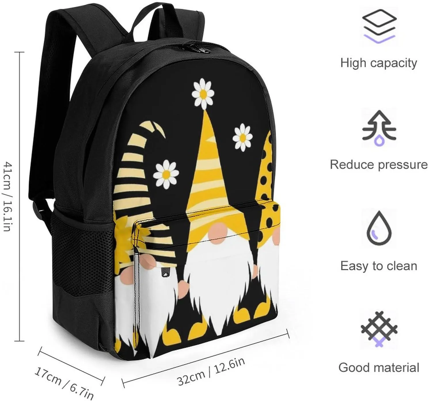 Men Women Lightweight Sunflower Bee Cute Cartoon Gnome Black Backpack Large Capacity Carry On Bag With Padded Straps for Sports Work Walking Cycling