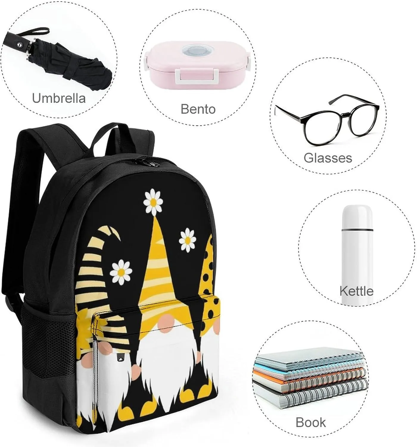 Men Women Lightweight Sunflower Bee Cute Cartoon Gnome Black Backpack Large Capacity Carry On Bag With Padded Straps for Sports Work Walking Cycling