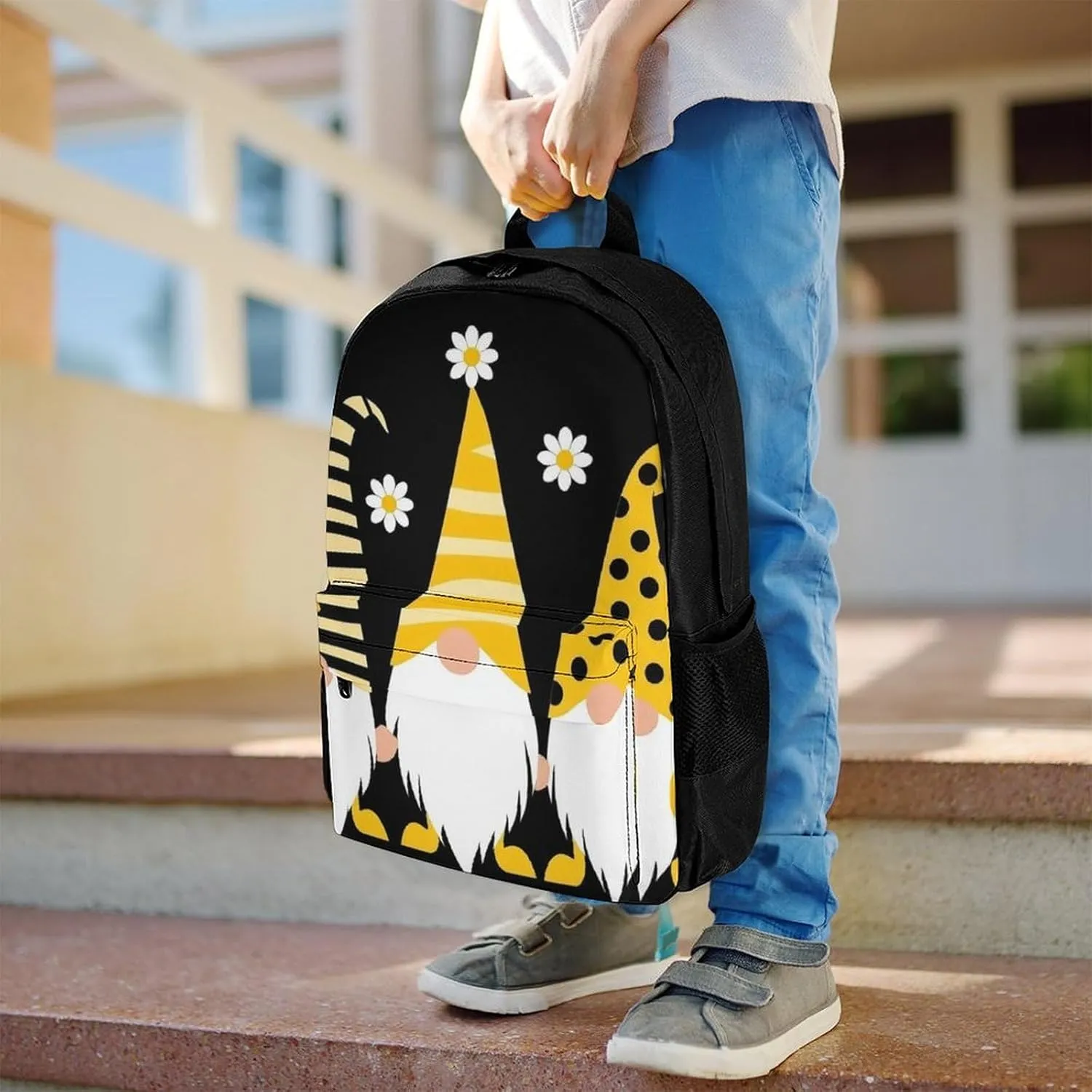 Men Women Lightweight Sunflower Bee Cute Cartoon Gnome Black Backpack Large Capacity Carry On Bag With Padded Straps for Sports Work Walking Cycling