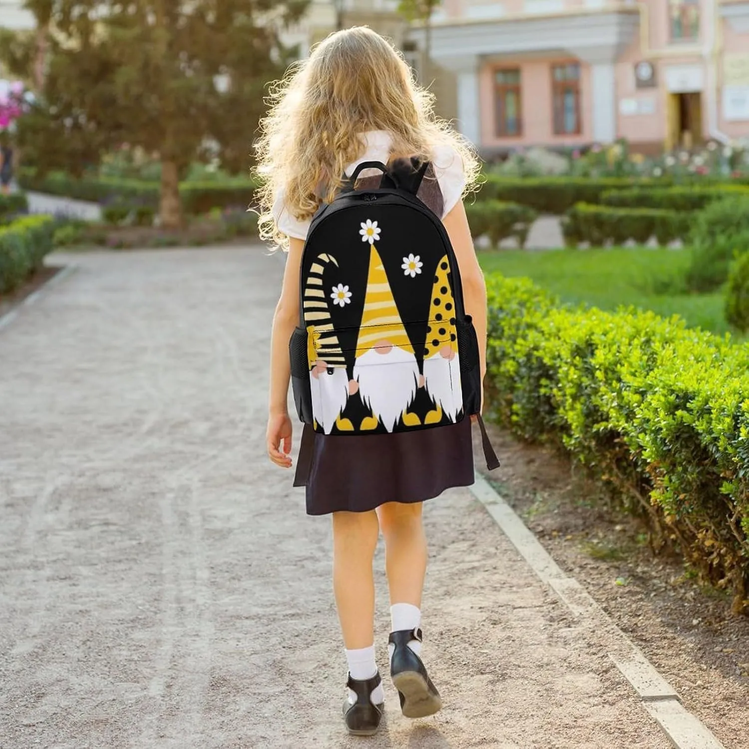 Men Women Lightweight Sunflower Bee Cute Cartoon Gnome Black Backpack Large Capacity Carry On Bag With Padded Straps for Sports Work Walking Cycling