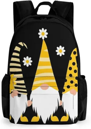 Men Women Lightweight Sunflower Bee Cute Cartoon Gnome Black Backpack Large Capacity Carry On Bag With Padded Straps for Sports Work Walking Cycling