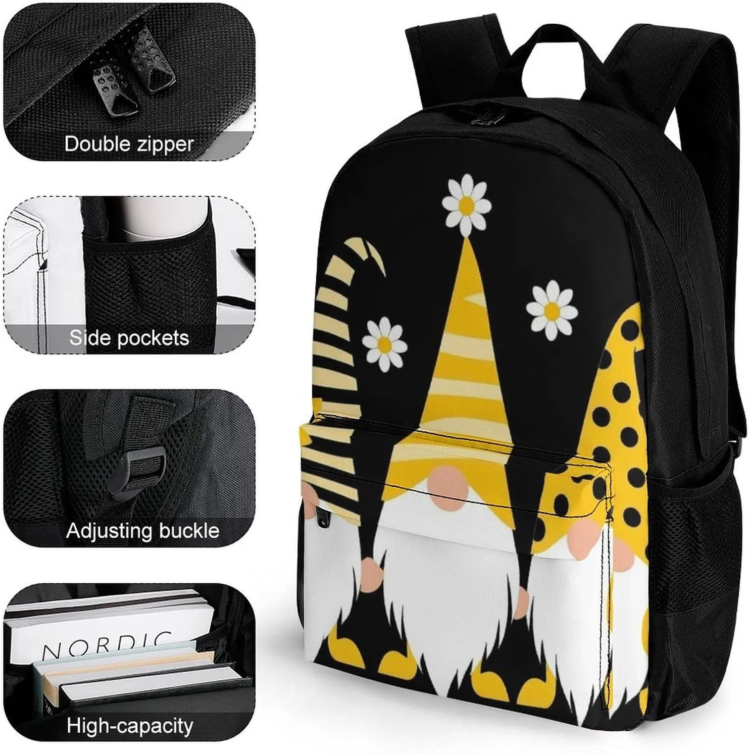 Men Women Lightweight Sunflower Bee Cute Cartoon Gnome Black Backpack Large Capacity Carry On Bag With Padded Straps for Sports Work Walking Cycling