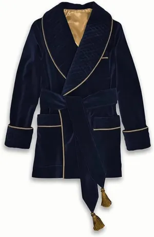 Men's Blue Long Gown Jackets with Black Fine Quilted Cord Piping Long Smoking Jacket Evening Wear