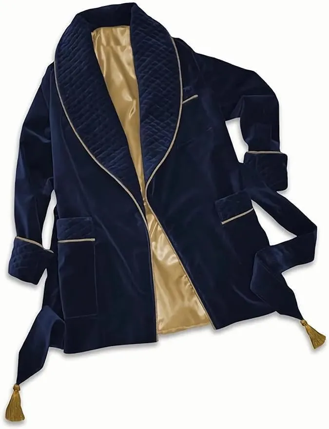 Men's Blue Long Gown Jackets with Black Fine Quilted Cord Piping Long Smoking Jacket Evening Wear