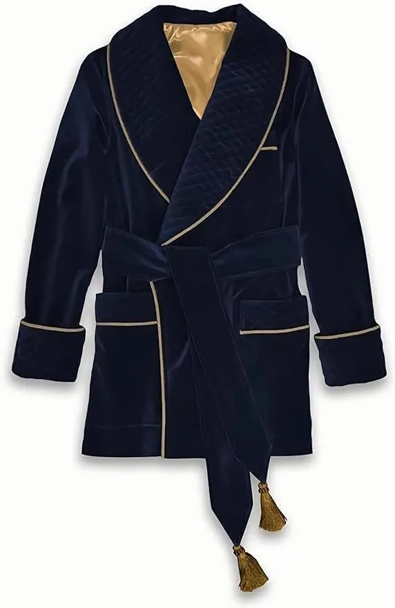 Men's Blue Long Gown Jackets with Black Fine Quilted Cord Piping Long Smoking Jacket Evening Wear