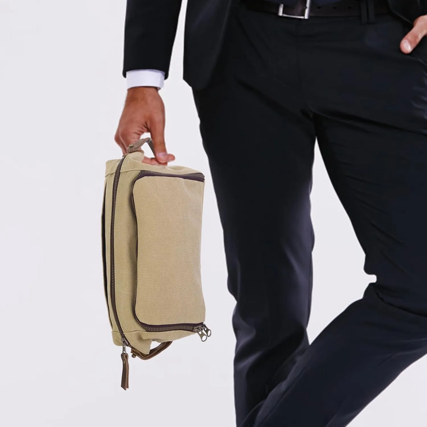 Mens Canvas Toiletry Bags for Women Travel Toiletry Bag Dopp Kit with Genuine Leather Trim and YKK Zipper