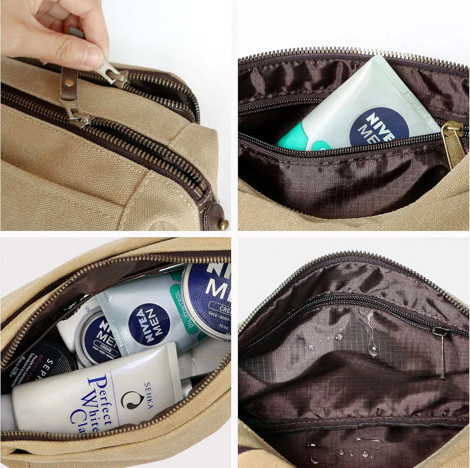 Mens Canvas Toiletry Bags for Women Travel Toiletry Bag Dopp Kit with Genuine Leather Trim and YKK Zipper