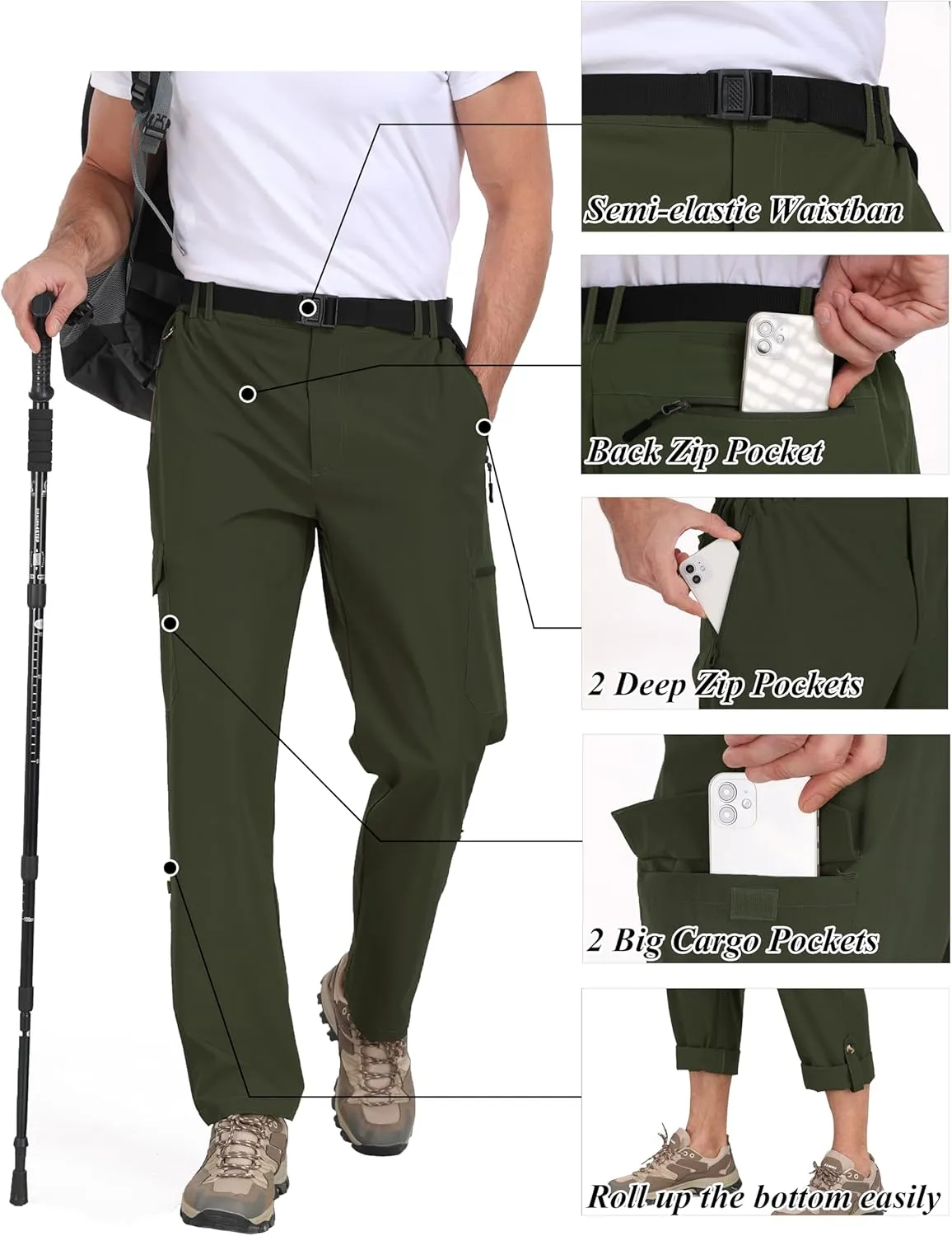 Men's Hiking Cargo Pants Lightweight Tactical Pants Waterproof Travel Work Outdoor Pants with Belt Multi Pockets