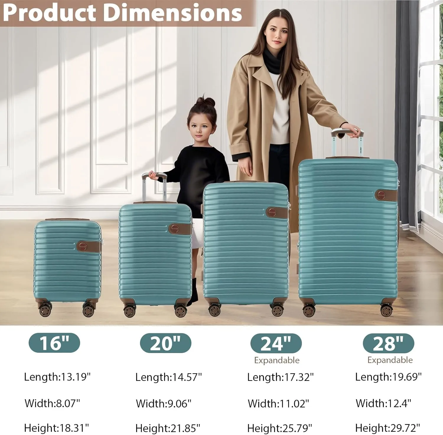Merax Hardshell Luggage Sets 4 piece Lightweight Suitcases With Wheels TSA Lock Expandable (only 24”/28”) ABS Large Luggage Set(Blue)