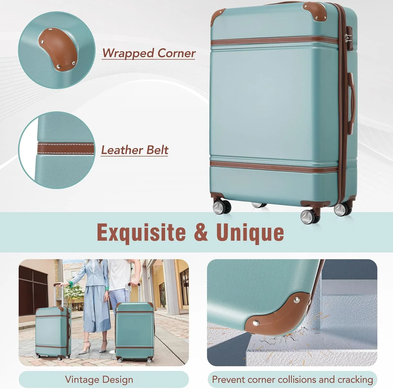 Merax Luggage 4Pc Hardshell Suitcase Travel with TSA Lock, Light Blue, 4-Piece Set