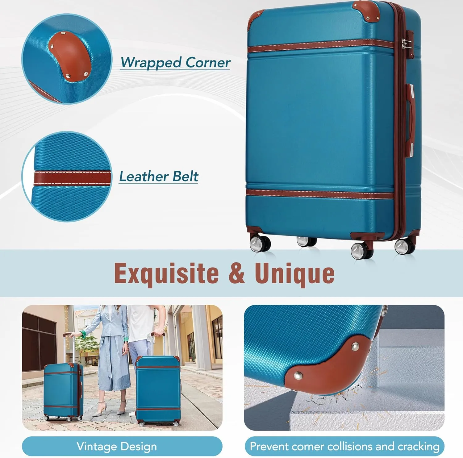 Merax Luggage Set, 2 Piece Luggage with Cosmetic Case, Vintage Hardcase Suitcase with Wheels, Expandable Luggage Airline Approved(Blue,20" 24")