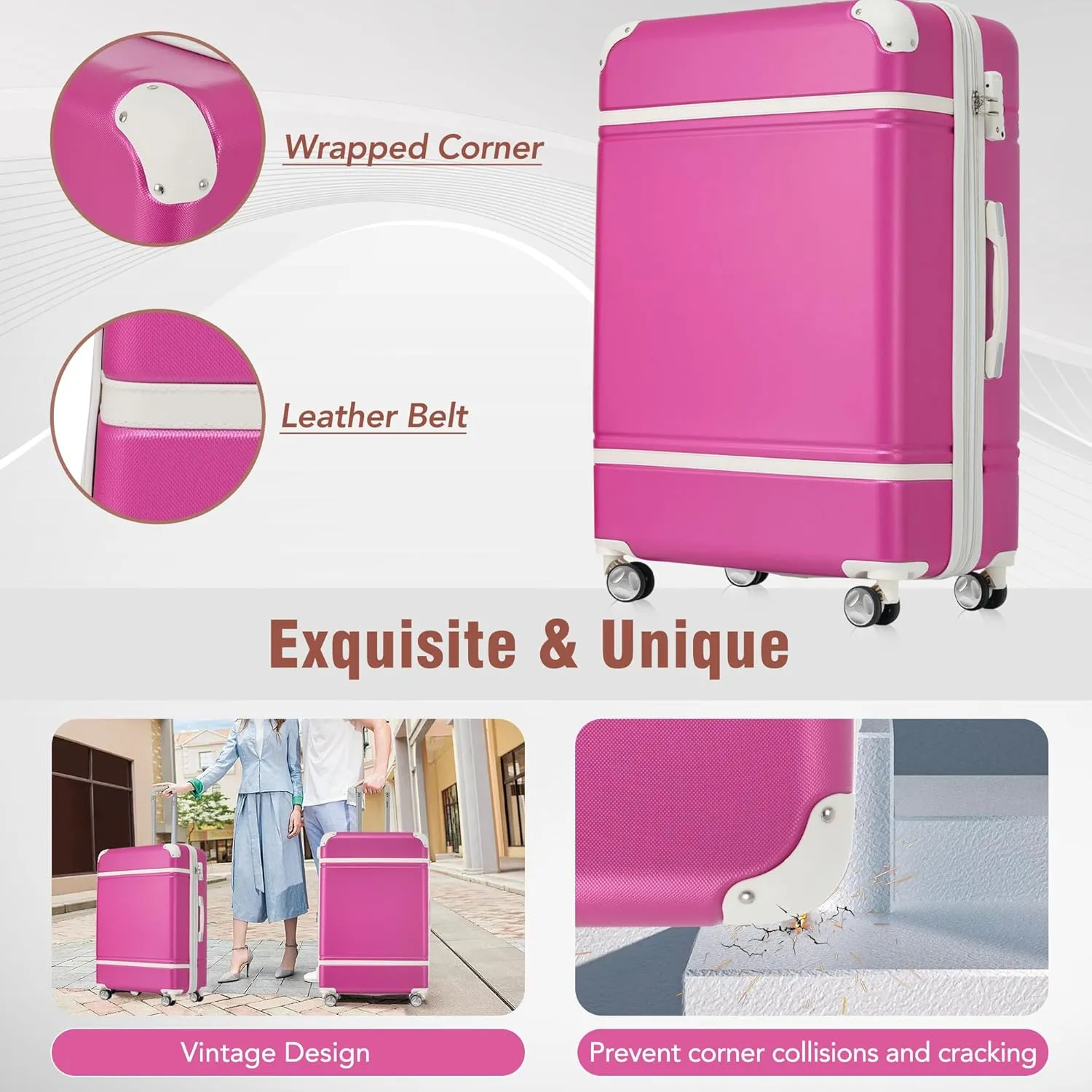 Merax Luggage Set, 2 Piece Luggage with Cosmetic Case, Vintage Hardcase Suitcase with Wheels, Expandable Luggage Airline Approved(Pink,20" 24")