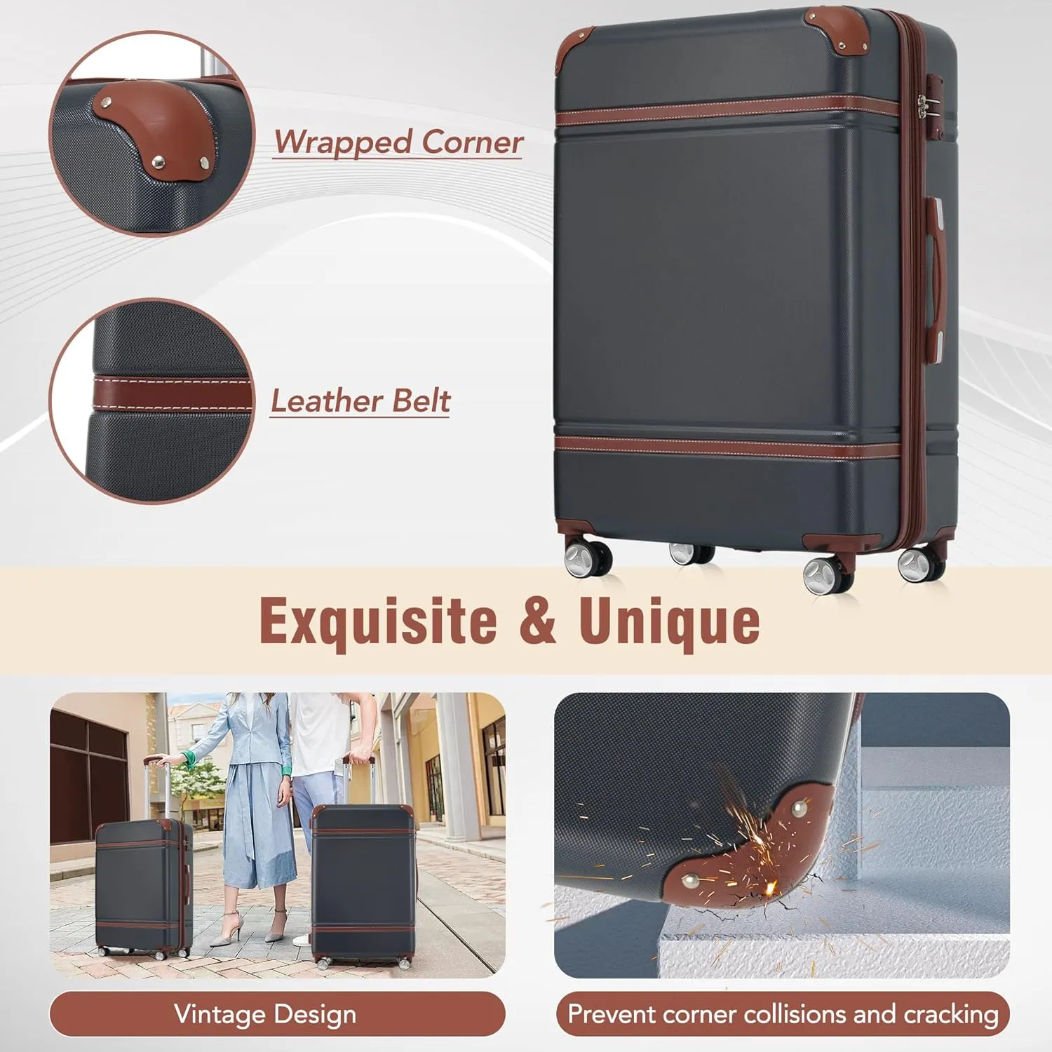 Merax Luggage Set, 3 Piece Luggage with Cosmetic Case, Vintage Hardcase Suitcase with Wheels, Expandable Luggage Airline Approved(Black,20" 24" 28")