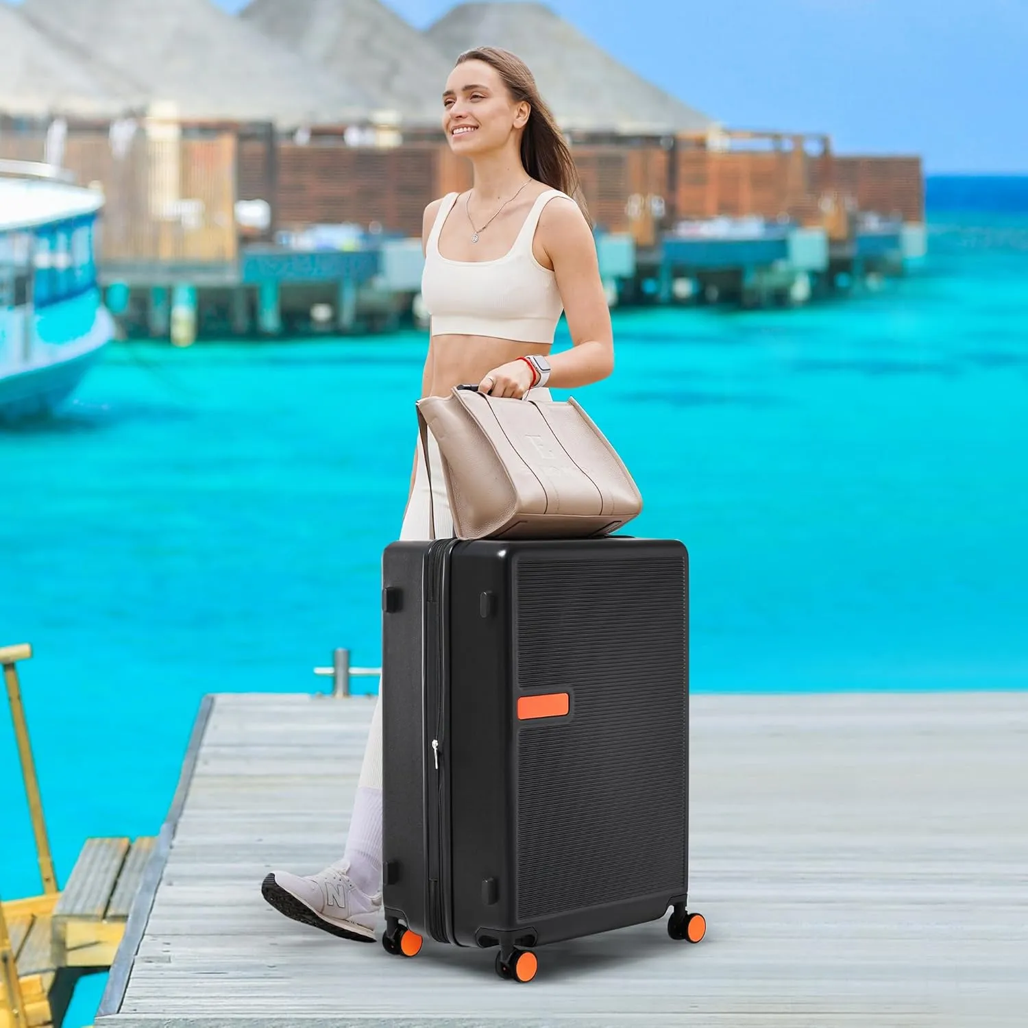 Merax Luggage Sets, Contrast Color 3 Piece 20"  24"  28" Luggage Set Hardside Spinner Suitcase with TSA Lock, Black