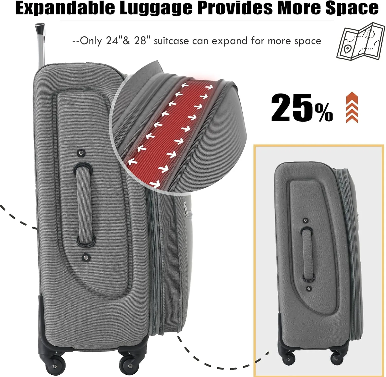 Merax Softside Luggage Set, Travel Suitcase Expandable Lightweight, 3 Piece Luggage Sets with Duffel Bag 22" 26" 30" Suitcase with TSA Lock Spinner Wheels,Grey