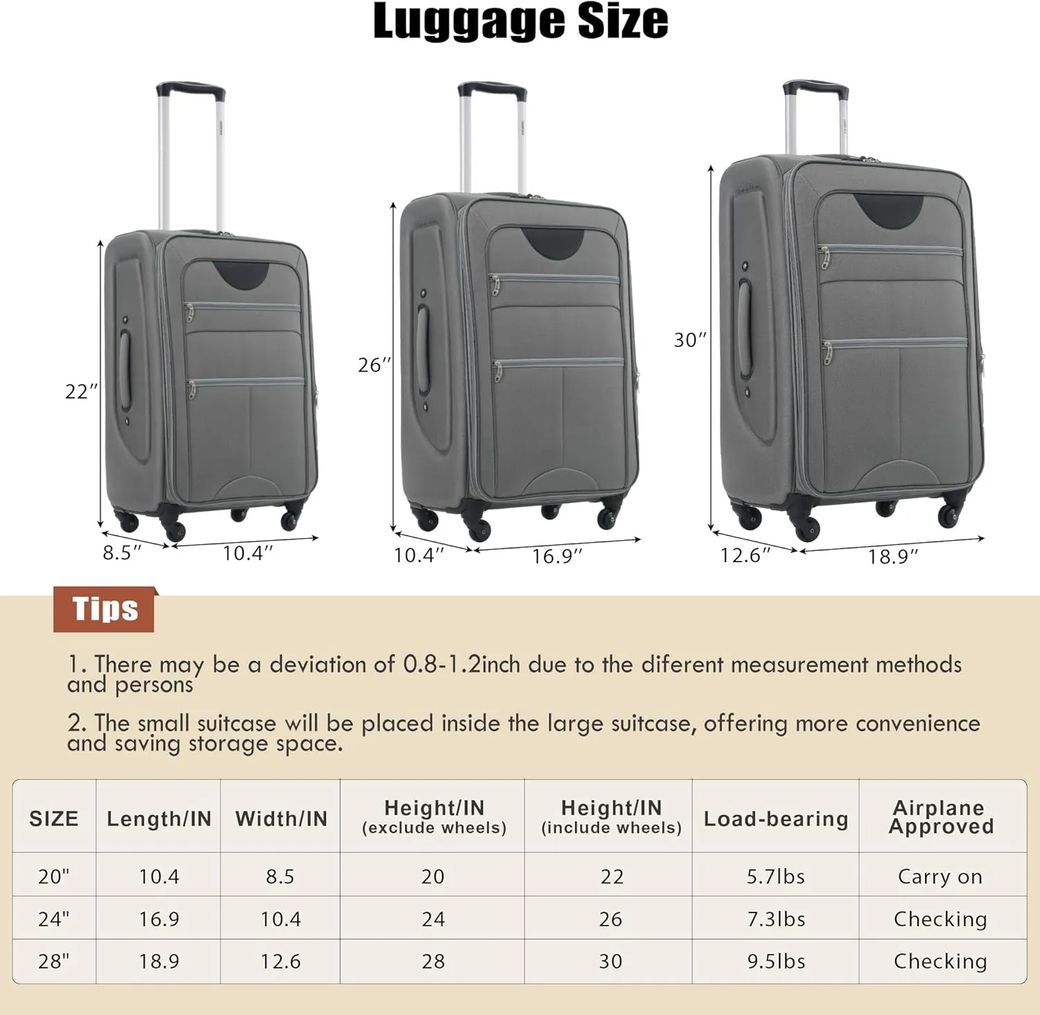 Merax Softside Luggage Set, Travel Suitcase Expandable Lightweight, 3 Piece Luggage Sets with Duffel Bag 22" 26" 30" Suitcase with TSA Lock Spinner Wheels,Grey