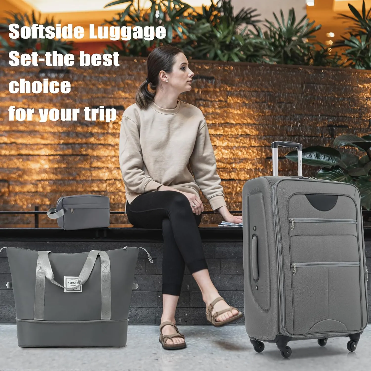 Merax Softside Luggage Set, Travel Suitcase Expandable Lightweight, 3 Piece Luggage Sets with Duffel Bag 22" 26" 30" Suitcase with TSA Lock Spinner Wheels,Grey