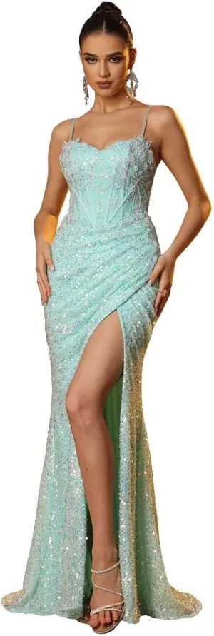 Mermaid Evening Gowns for Women Formal Sequin Prom Dresses with Slit Beaded Sparkly Homecoming Dresses Long 2025