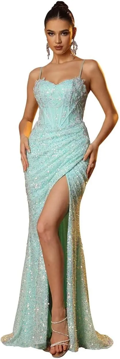 Mermaid Evening Gowns for Women Formal Sequin Prom Dresses with Slit Beaded Sparkly Homecoming Dresses Long 2025