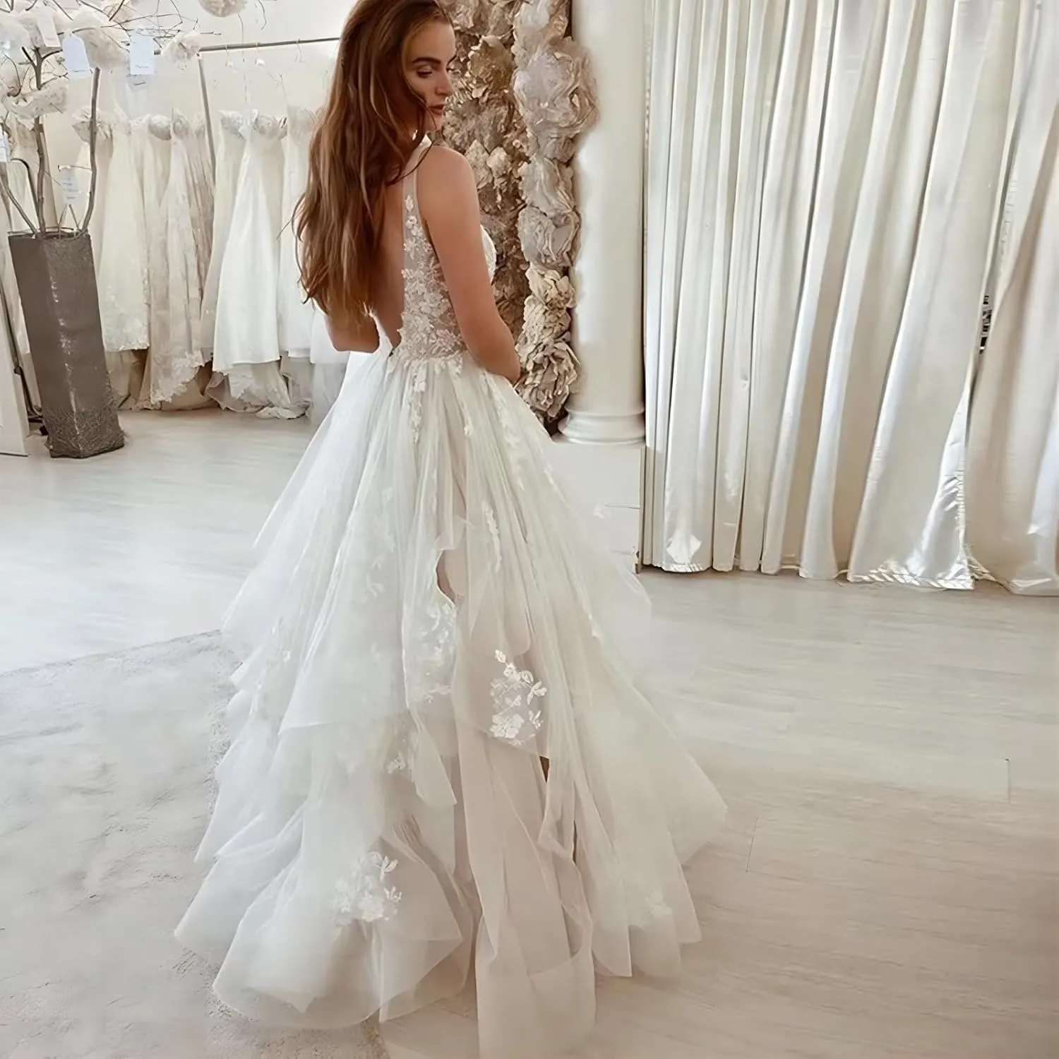 Mermaid Long Sleeve Wedding Dresses for Bride Lace Applique V-Neck Boho Bridal Dress with Train