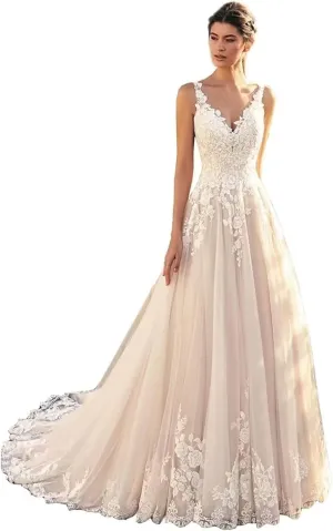 Mermaid Long Sleeve Wedding Dresses for Bride Lace Applique V-Neck Boho Bridal Dress with Train