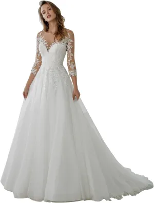 Mermaid Long Sleeve Wedding Dresses for Bride Lace Applique V-Neck Boho Bridal Dress with Train