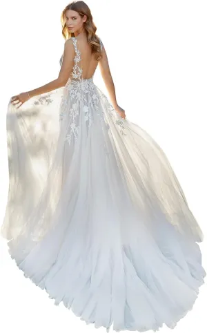 Mermaid Long Sleeve Wedding Dresses for Bride Lace Applique V-Neck Boho Bridal Dress with Train